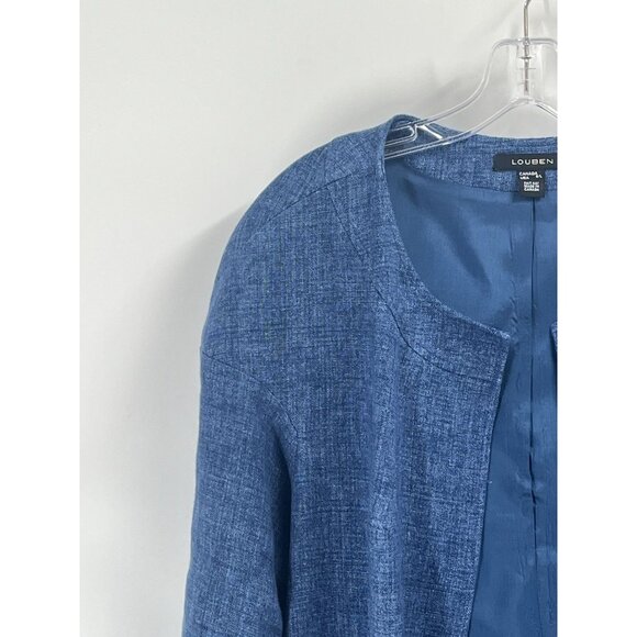 Louben Blue Unstructured Long Line Linen Jacket Open 3/4 Sleeves Sz Large - Picture 3 of 6